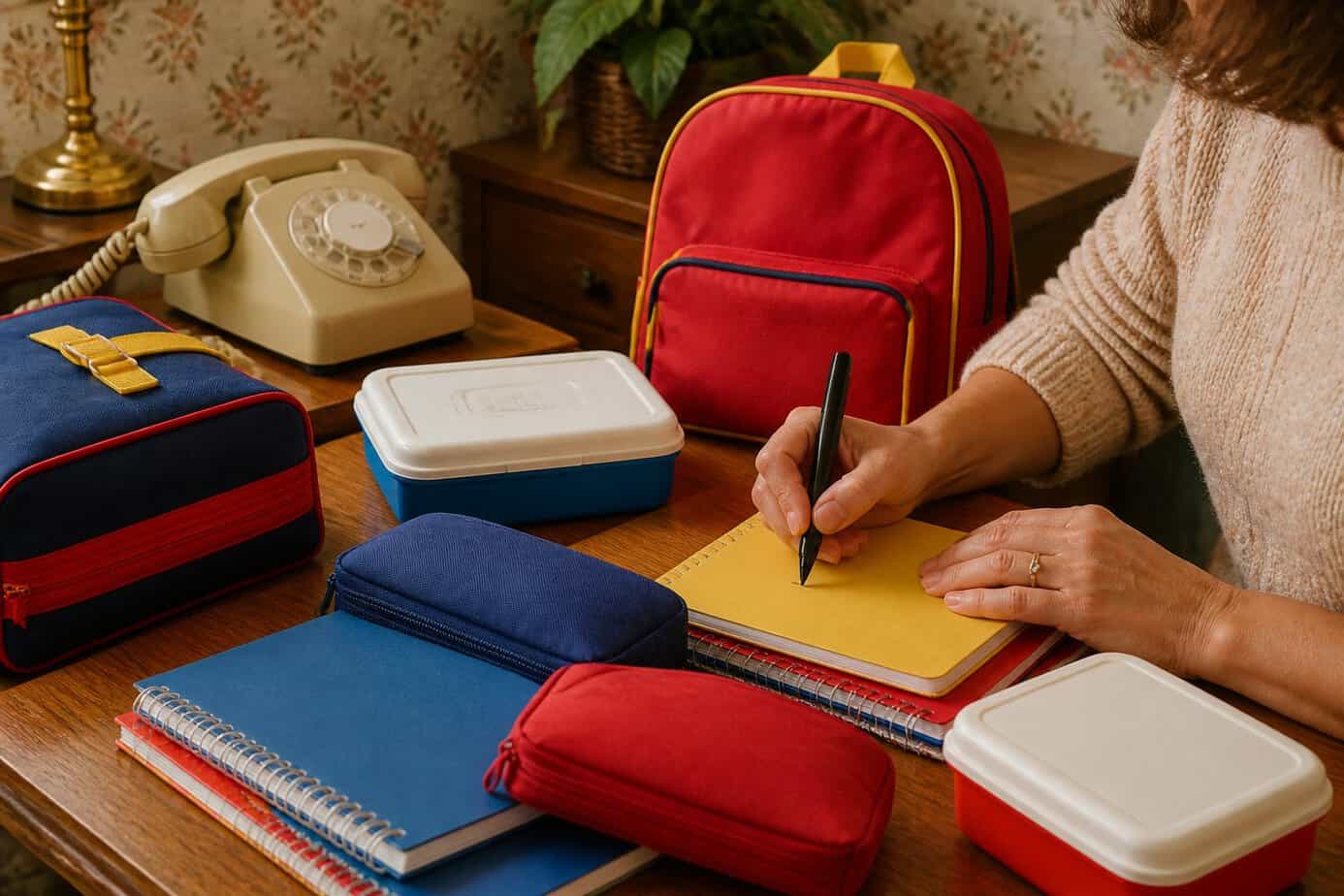 A mother labeling school supplies with a permanent marker on a wooden table surrounded by colorful notebooks and pencil cases.