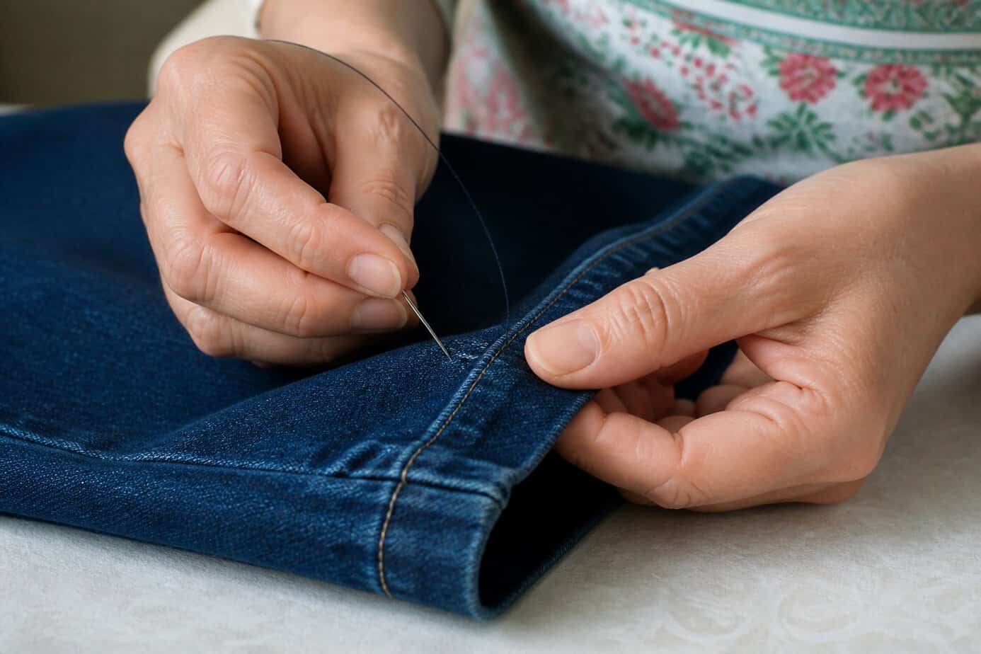 Close-up of hands hemming a pair of pants with a needle and thread using a simple blind stitch.