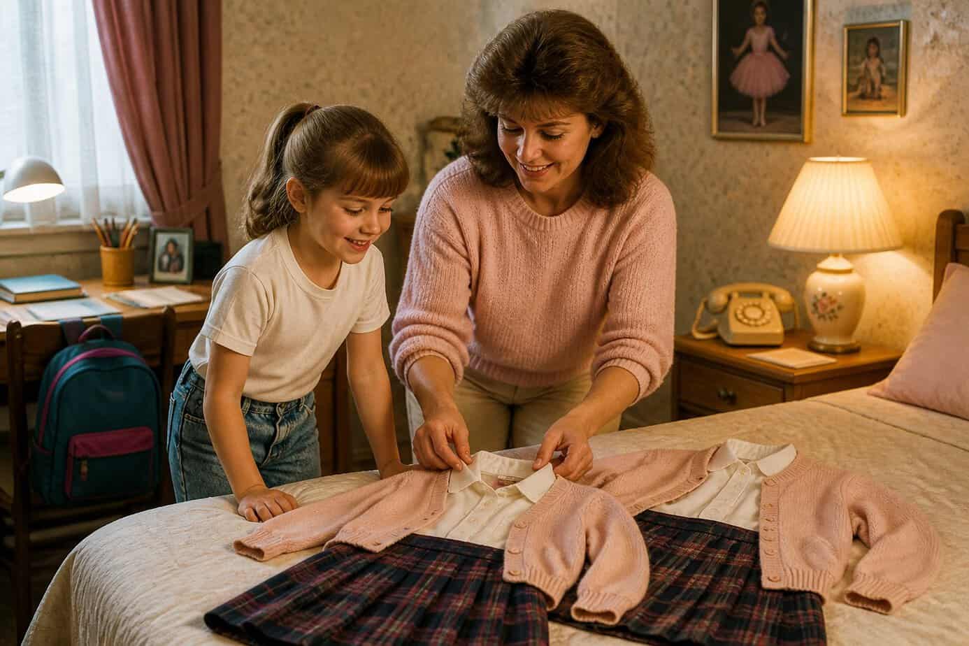 A mother and young child laying out matching school outfits on a bed the night before school in a cozy bedroom.