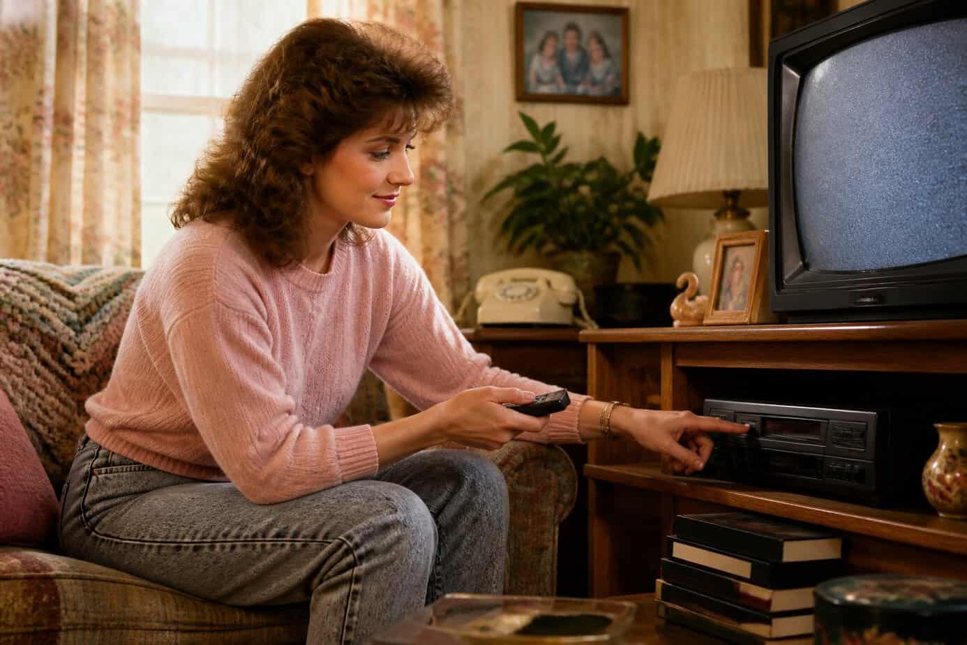 A mother programming a VCR in a cozy 1980s living room with vintage decor.