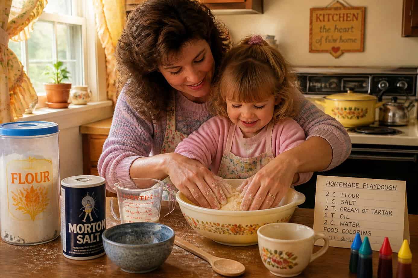 A mother and child making homemade playdough together at a kitchen table with bowls of ingredients.