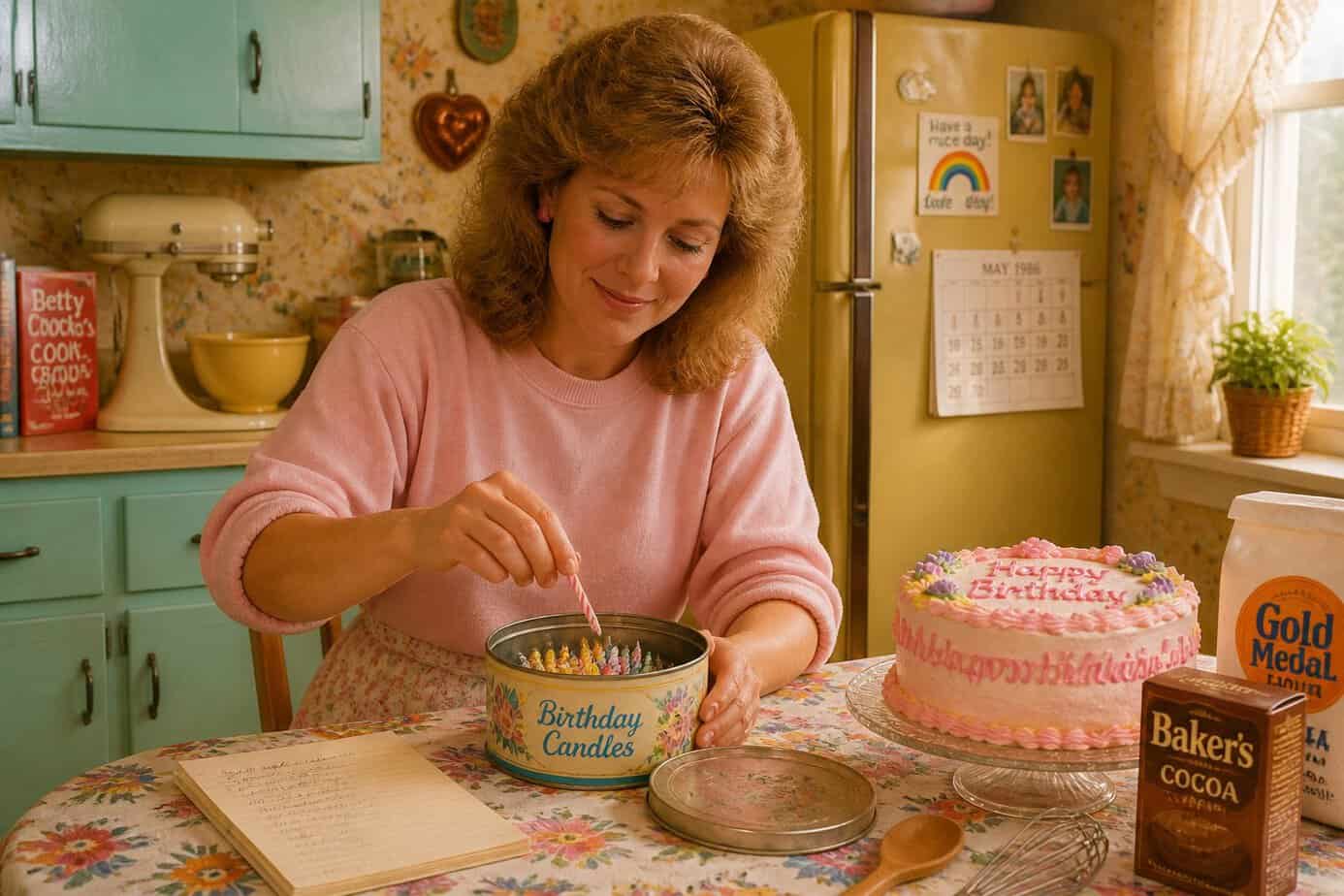 A mother in a 1980s kitchen carefully removing birthday candles from a cake tin.