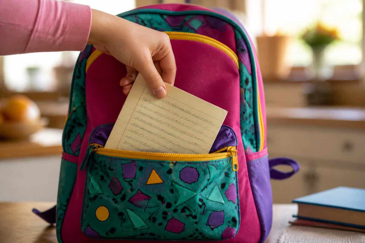 A child's hand placing a handwritten permission slip into a colorful backpack at home.