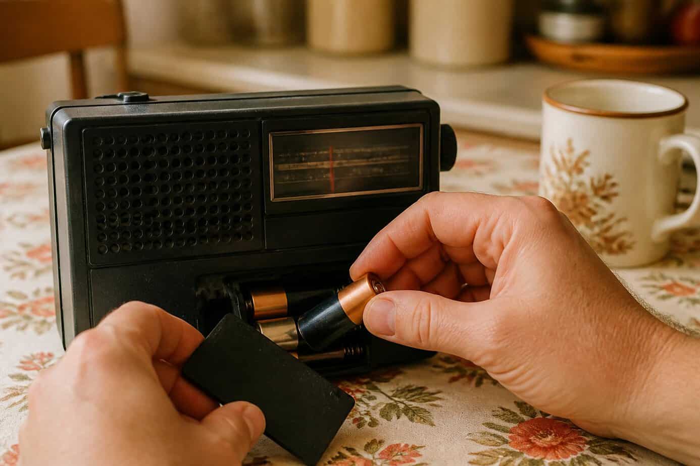 Hands replacing batteries in the back of a vintage transistor radio on a kitchen countertop.