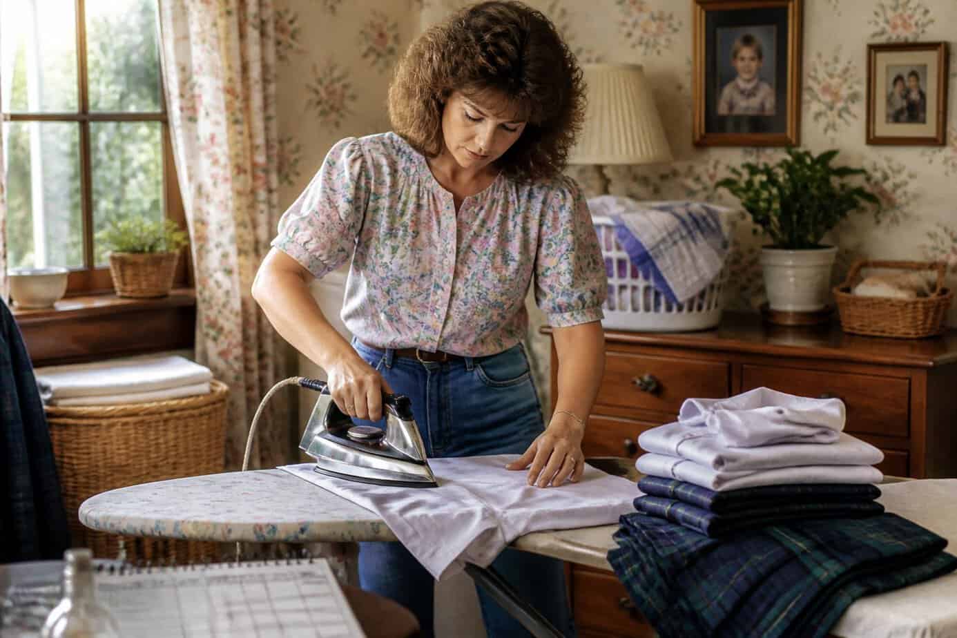 A mother ironing children's school uniforms in a cozy 1980s home setting.