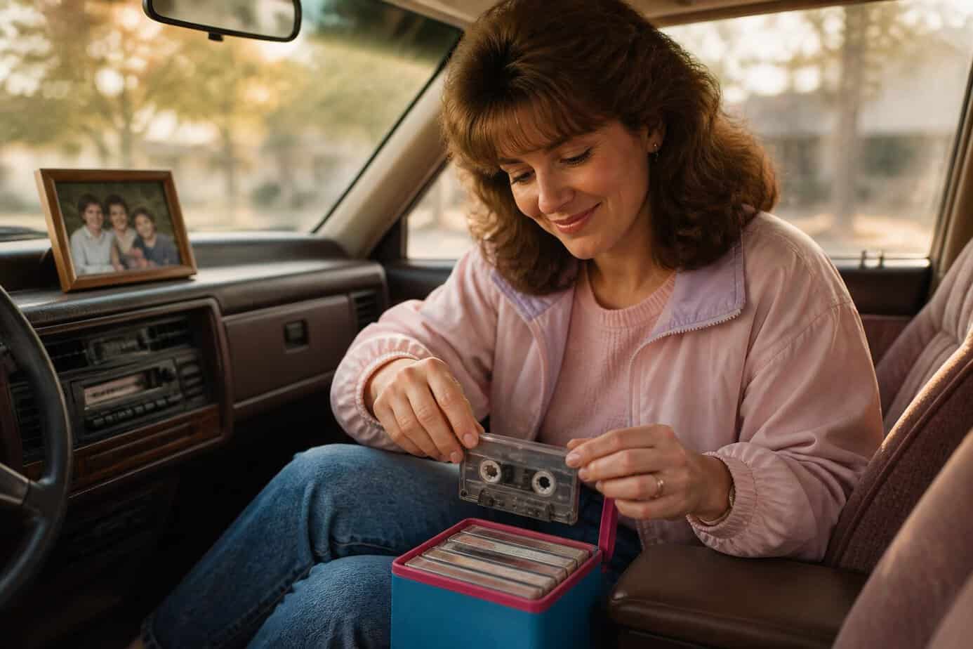 A mother packing a family cassette tape into a carrying case inside a vintage car.