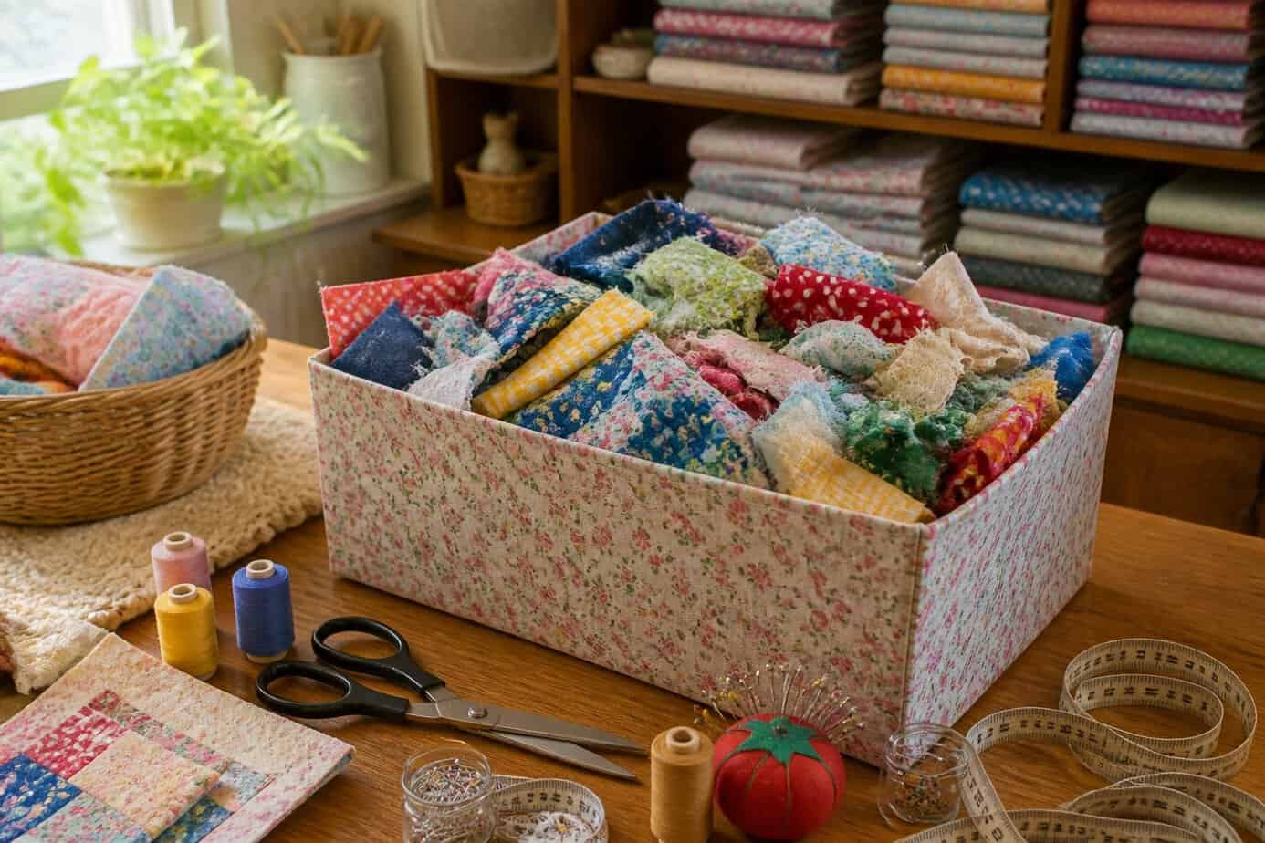 A box filled with colorful fabric scraps on a wooden table surrounded by sewing supplies in a bright craft room.