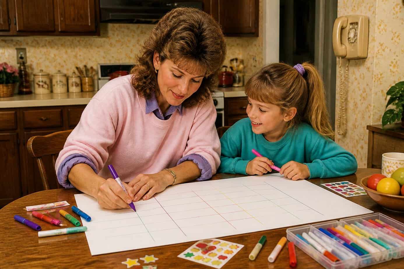 A mother and young child working together on a colorful poster board in a kitchen setting.