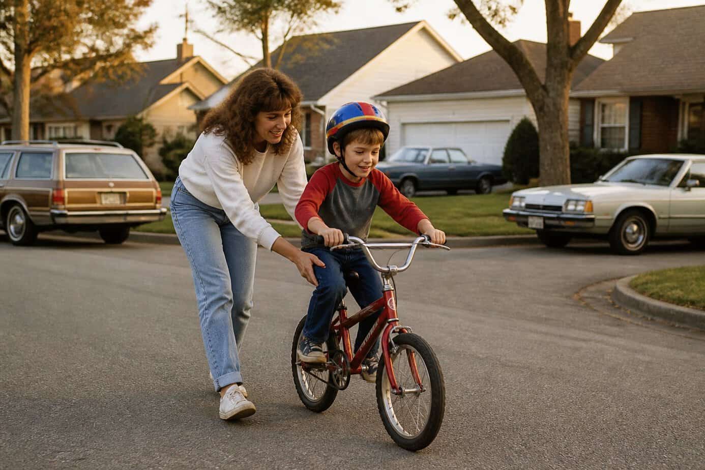 A mother helps her young child learn to ride a bike in a quiet suburban cul-de-sac.