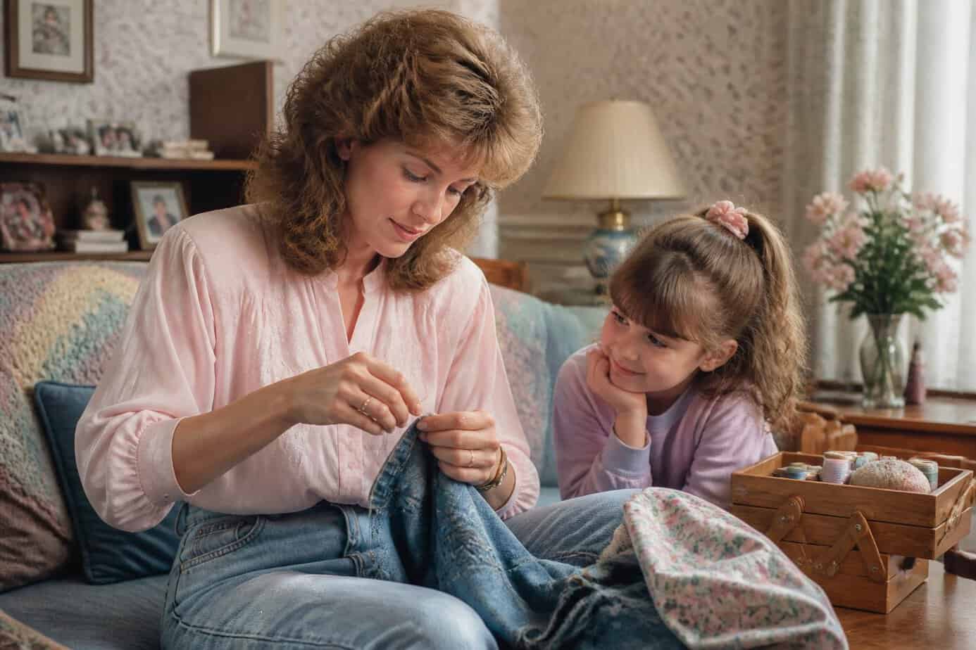 A mother sewing a torn seam on clothing while a child watches in a cozy 1980s living room.