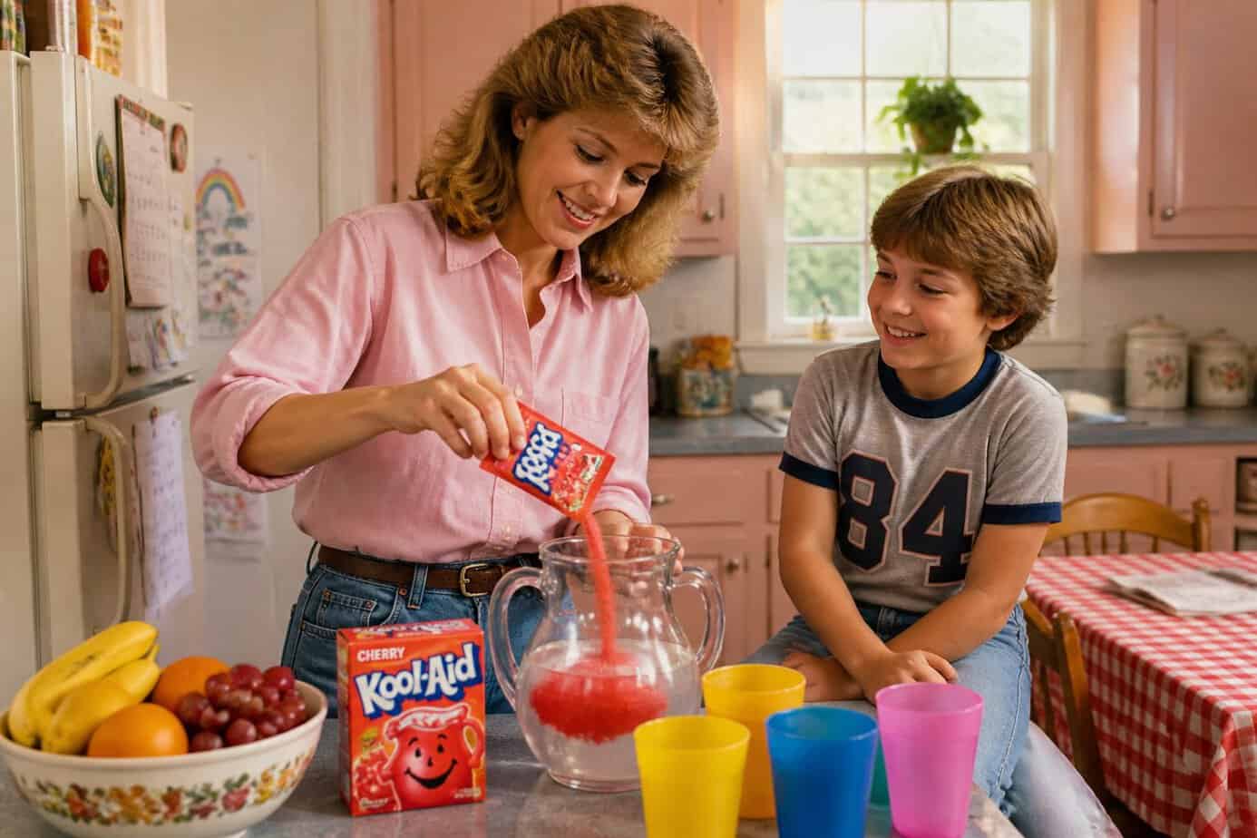 A mother pouring red Kool-Aid powder into a pitcher while her child watches in a cozy kitchen.