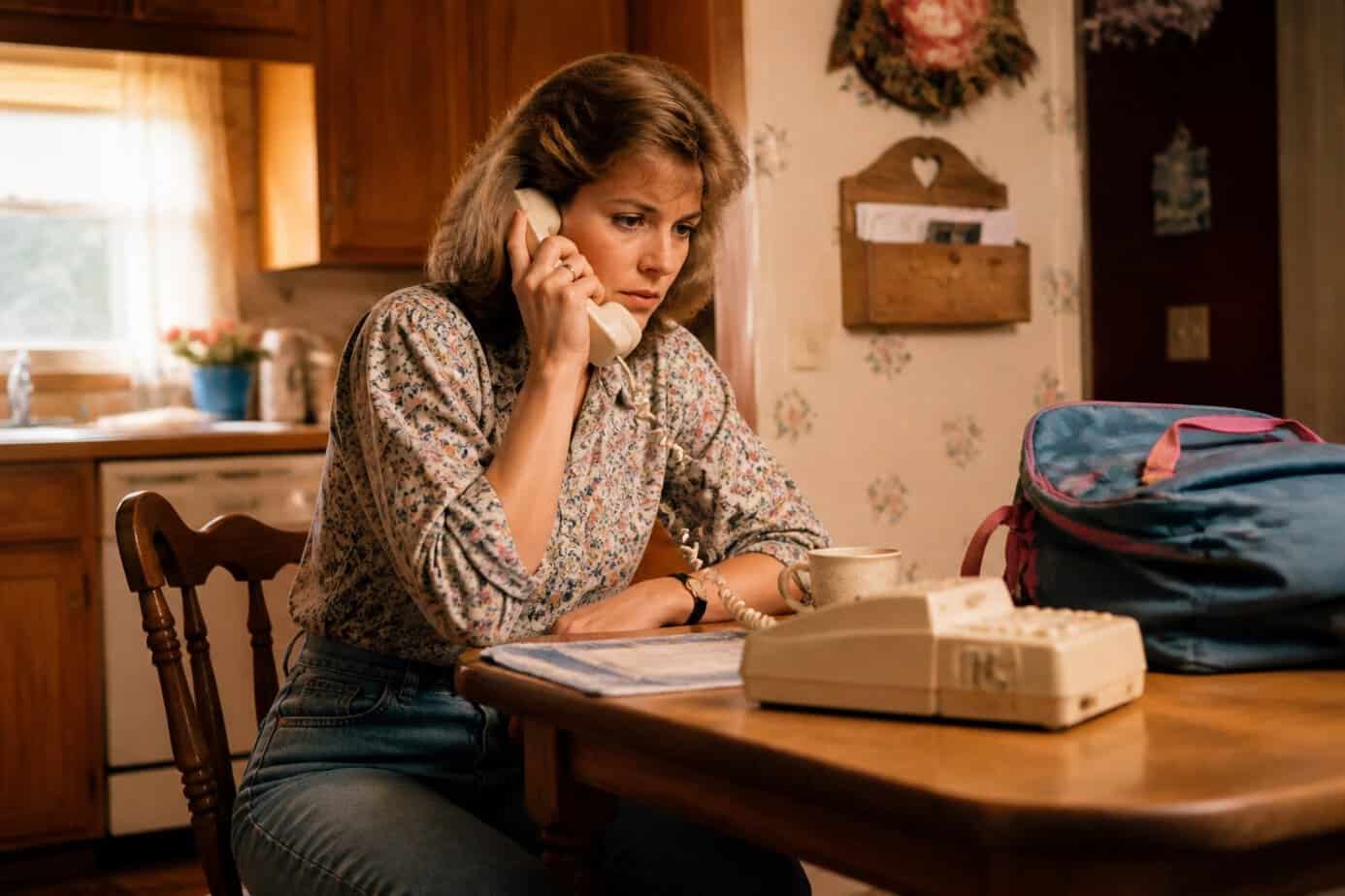 A mother in a 1980s kitchen making a phone call to her child's school, looking concerned and attentive.