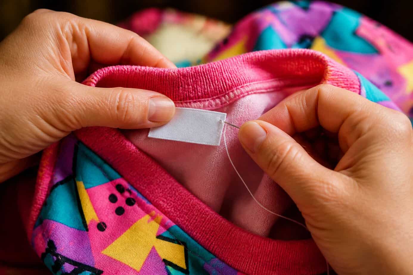 Hands sewing a name tag into the label of a colorful child's garment.