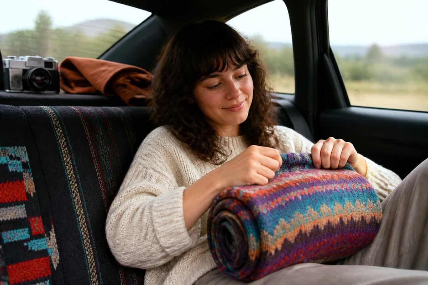 Person rolling up a sweater to use as a pillow while sitting in the backseat of a car.