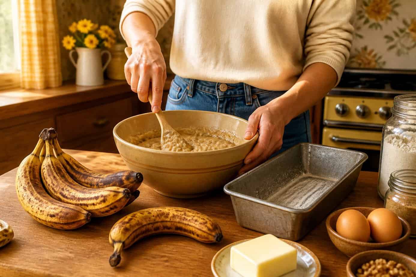 Person mixing banana bread batter in a kitchen with ripe brown bananas on the counter.