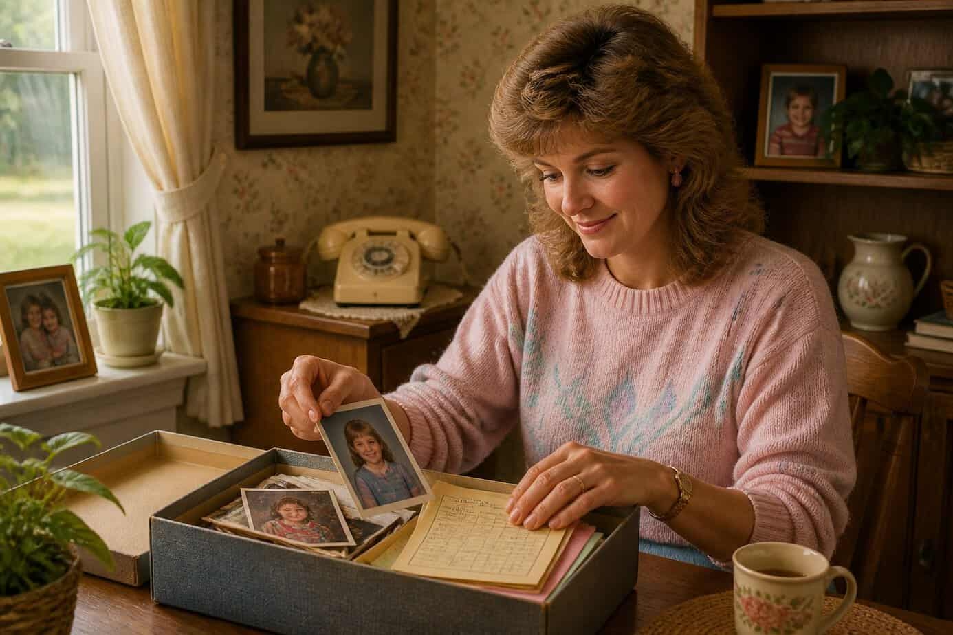 A mother organizing a shoebox of school photos and report cards at a kitchen table.