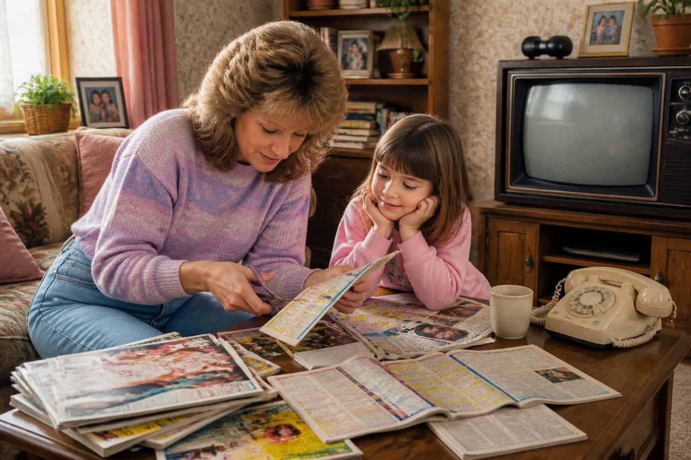 A mother and her young child sitting at a table organizing TV guide listings for kids’ shows in a cozy 1980s living room.