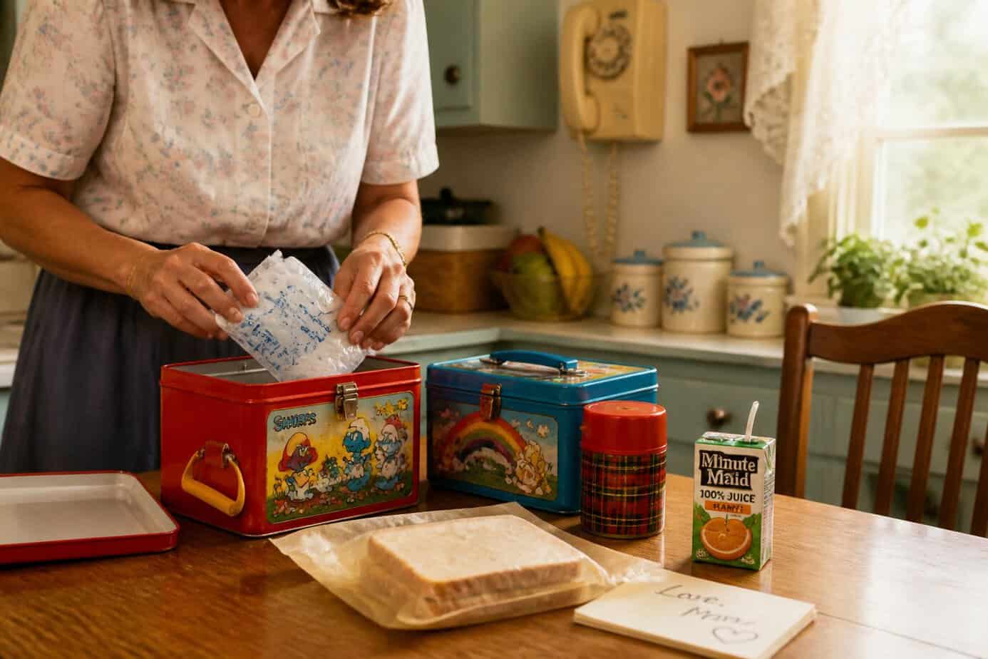 Hands placing plastic-wrapped ice packs into lunchboxes on a kitchen table with sandwiches and a juice carton.
