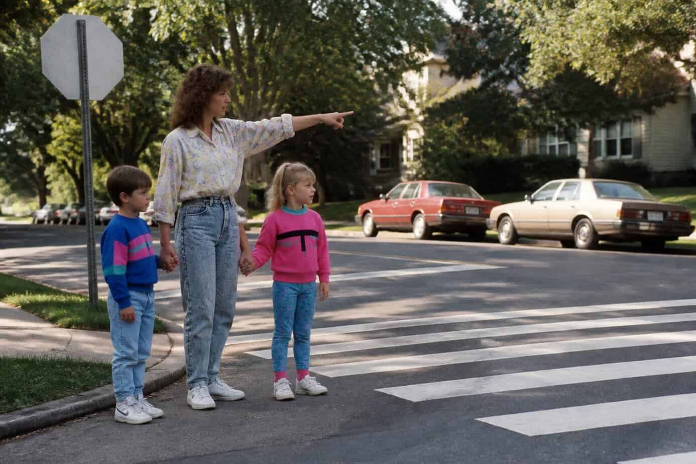 A mother teaching her two young children how to cross a suburban street safely.