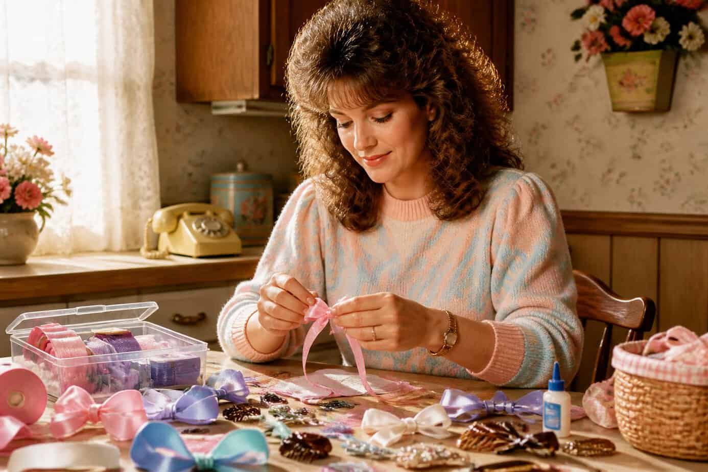A mother making hair bows and barrettes at a kitchen table filled with ribbons and hair accessories.