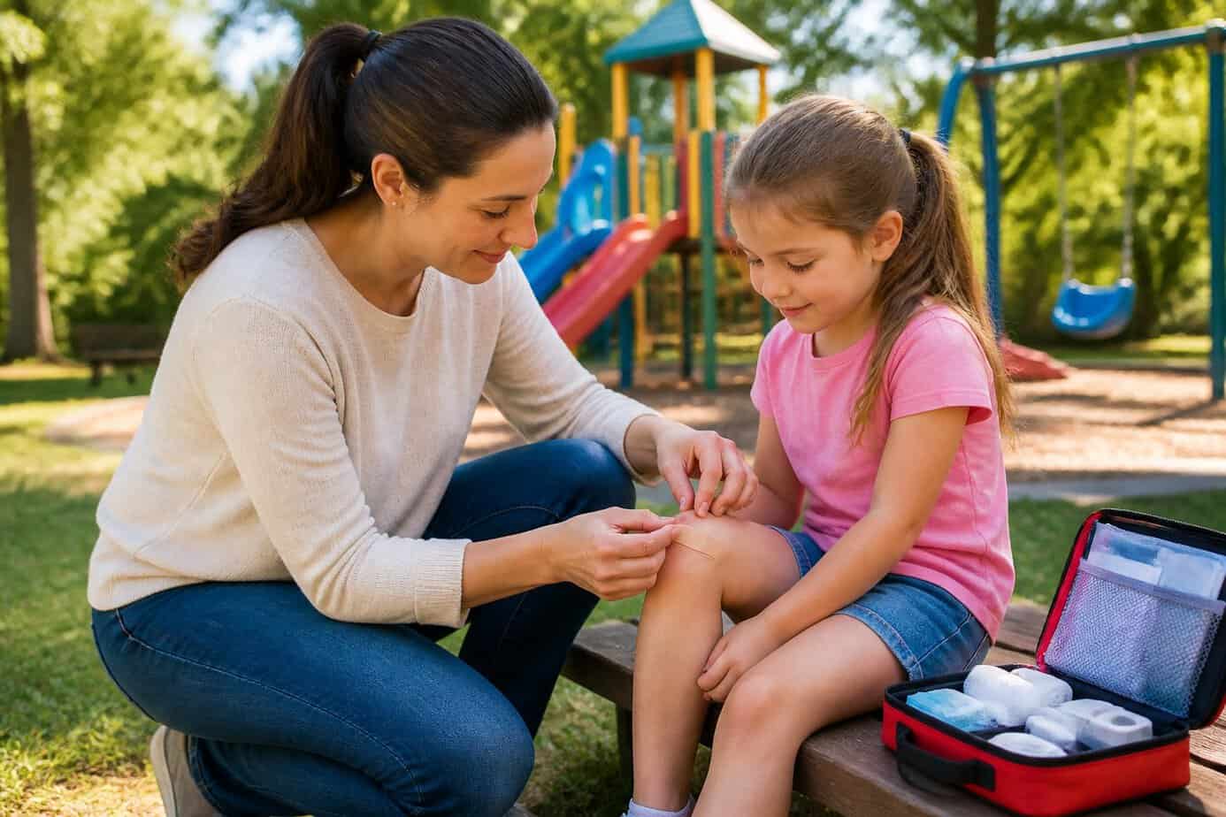 A mother applying a bandage to her young child's scraped knee at a playground.