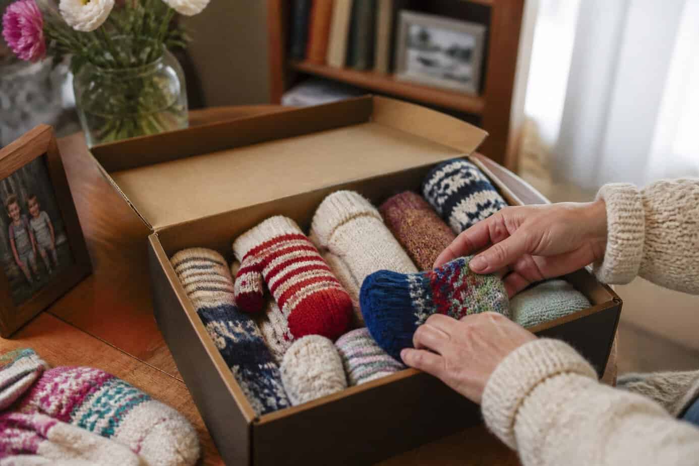Hands organizing a shoebox filled with socks and mittens on a wooden table in a cozy home setting.