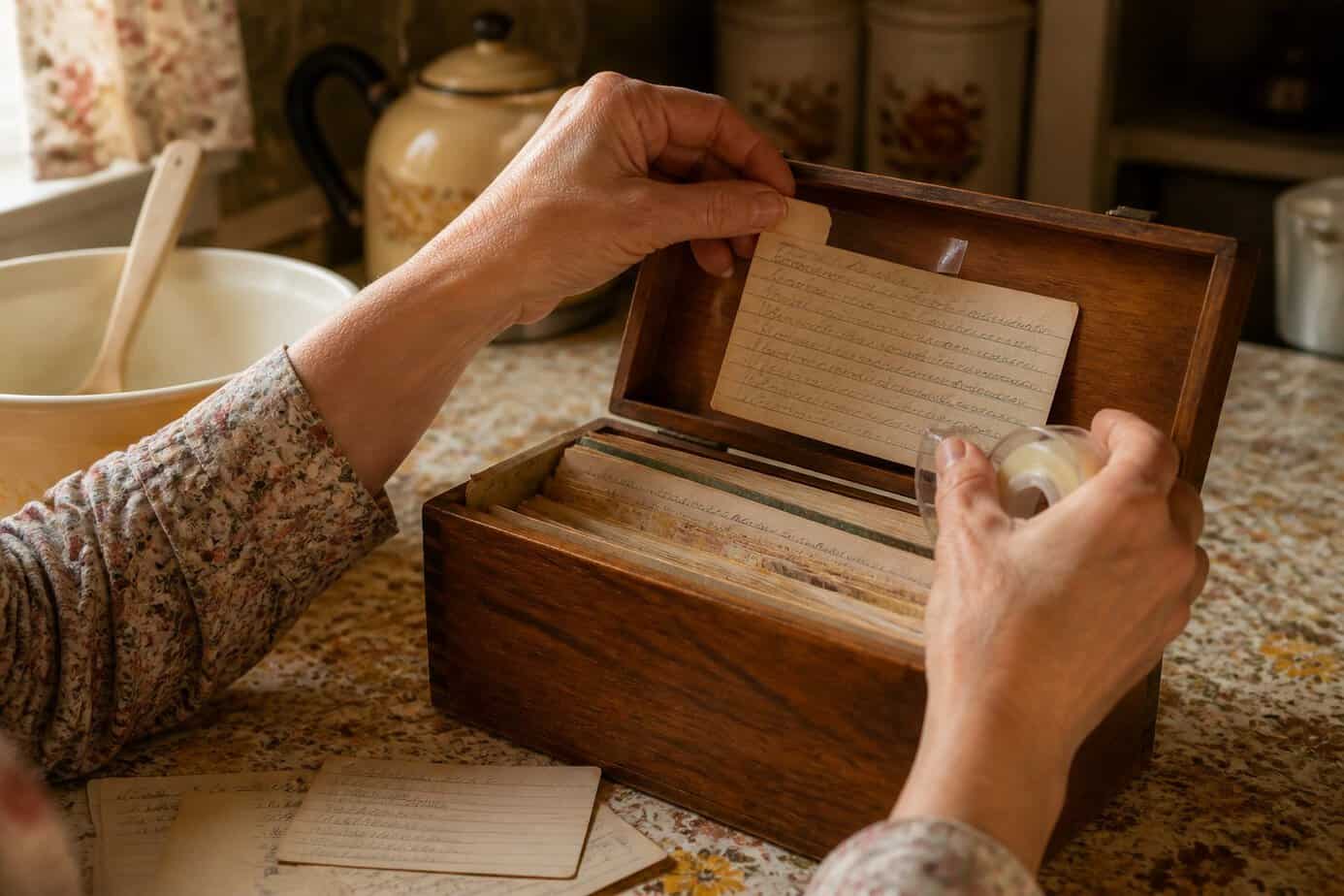 Hands taping handwritten recipe cards into a wooden recipe box in a cozy kitchen setting.