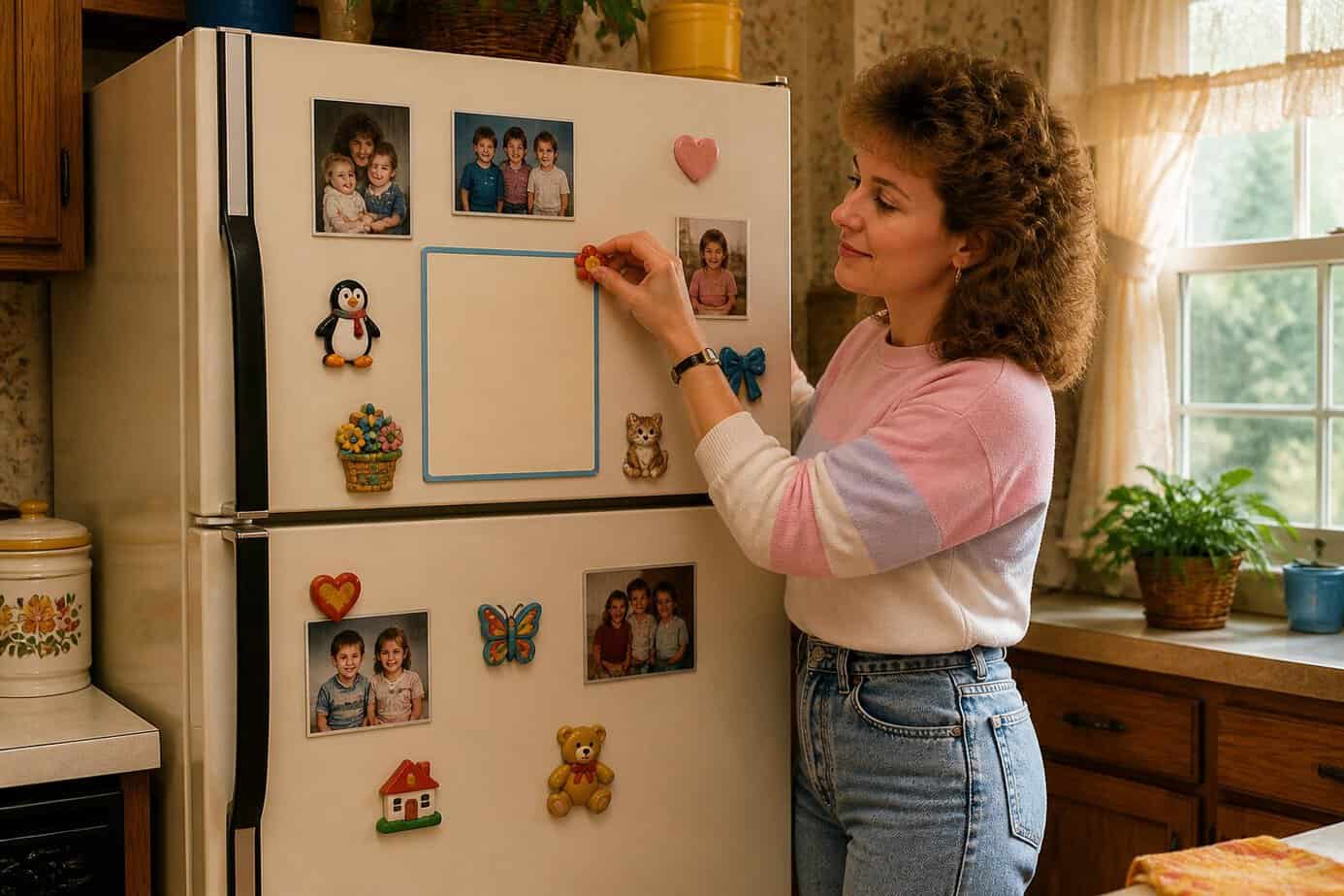 A mother in a 1980s kitchen placing a magnet on a refrigerator decorated with family photos and colorful magnets.