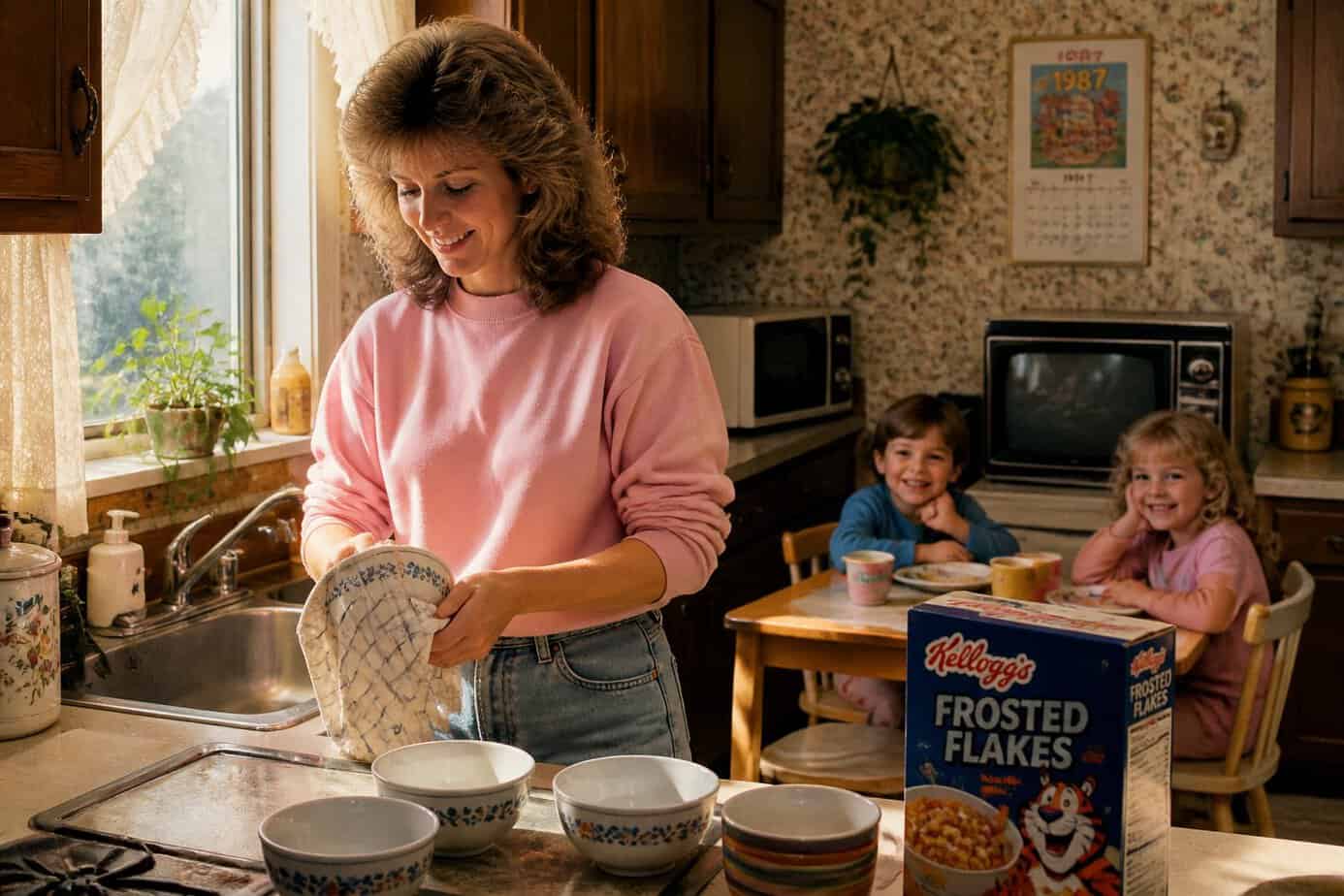A mother wiping down cereal bowls in a kitchen while her young children wait at a table.