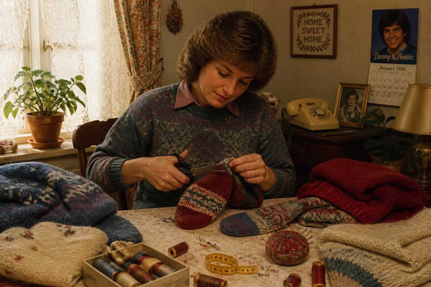 A woman cutting and sewing old sweaters at a table to make mittens in a cozy living room.
