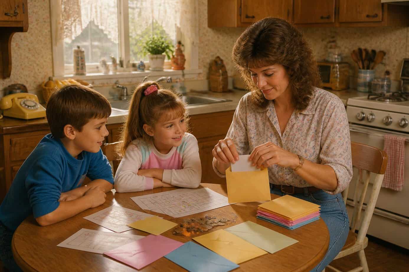 A mother sitting at a kitchen table preparing small envelopes with coins for her children's allowance.