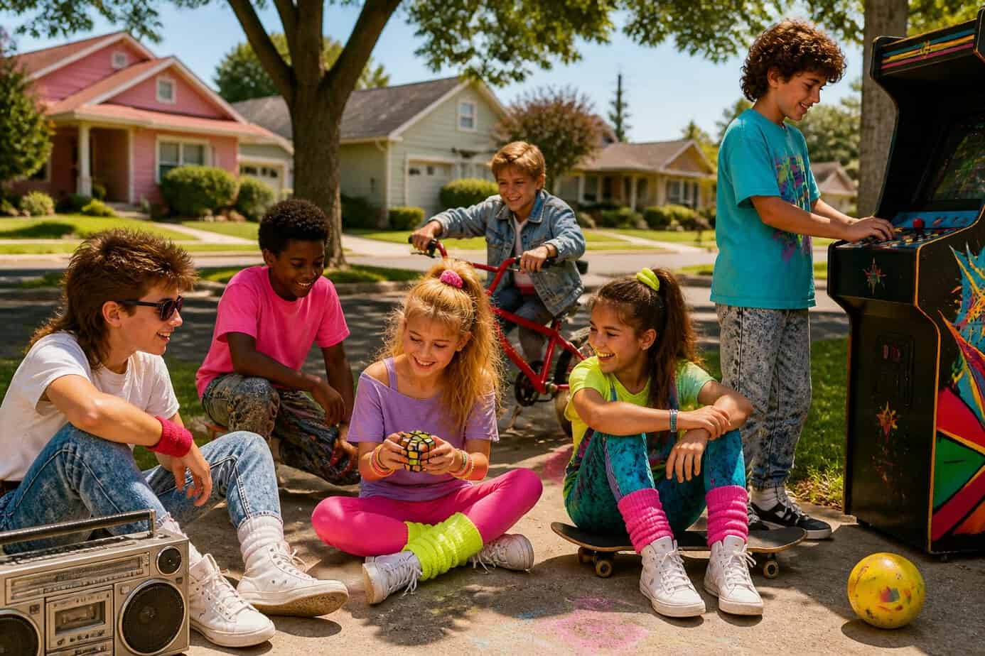 Children dressed in 1980s clothing playing outside on a sunny day with toys and bikes in a suburban neighborhood.