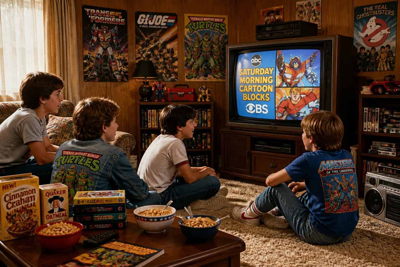Children sitting on a carpet in a living room watching cartoons on a vintage television with 1980s decor around them.