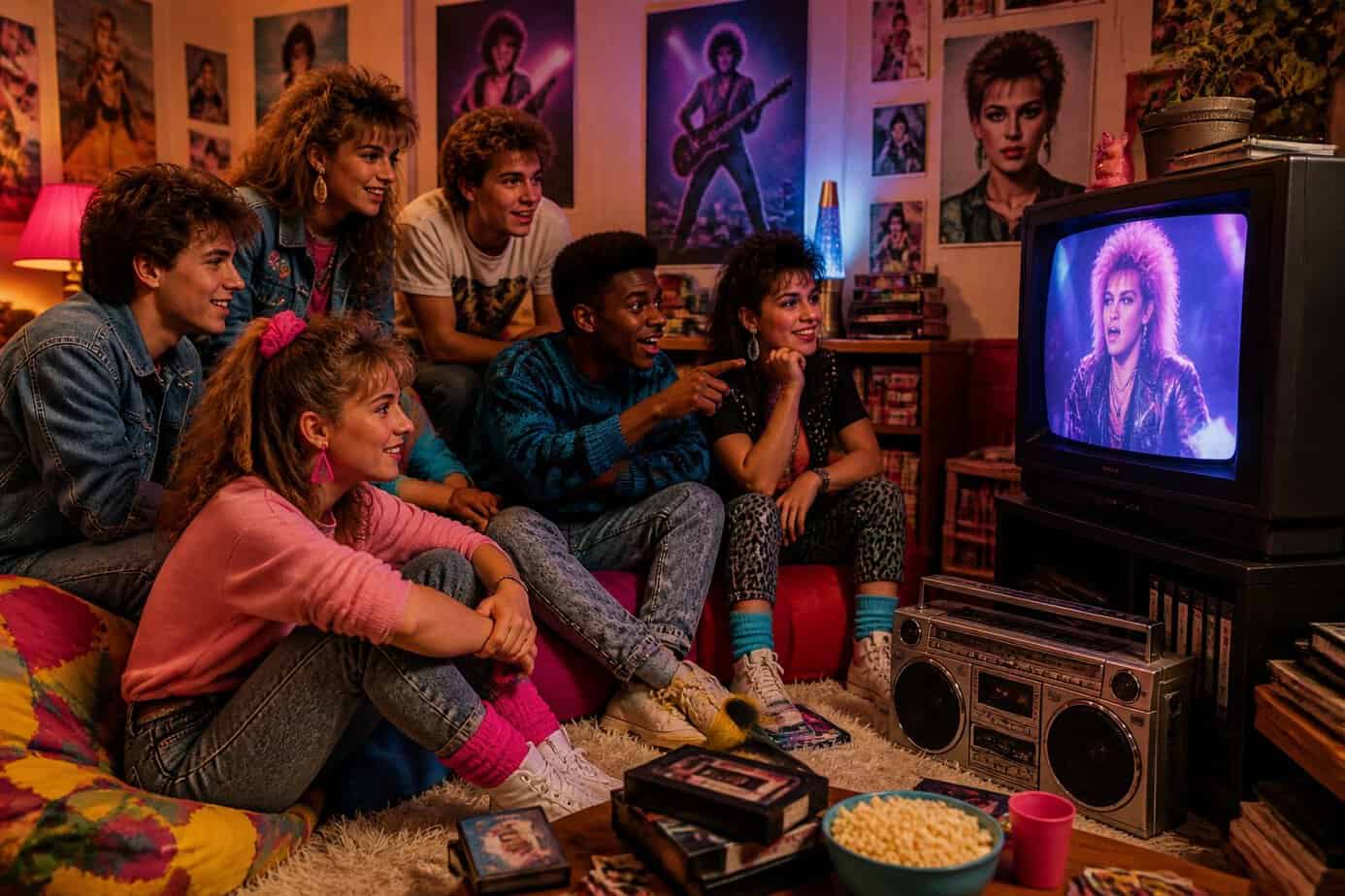 A group of teenagers in 1980s clothing watching music videos on a vintage television in a colorful living room.