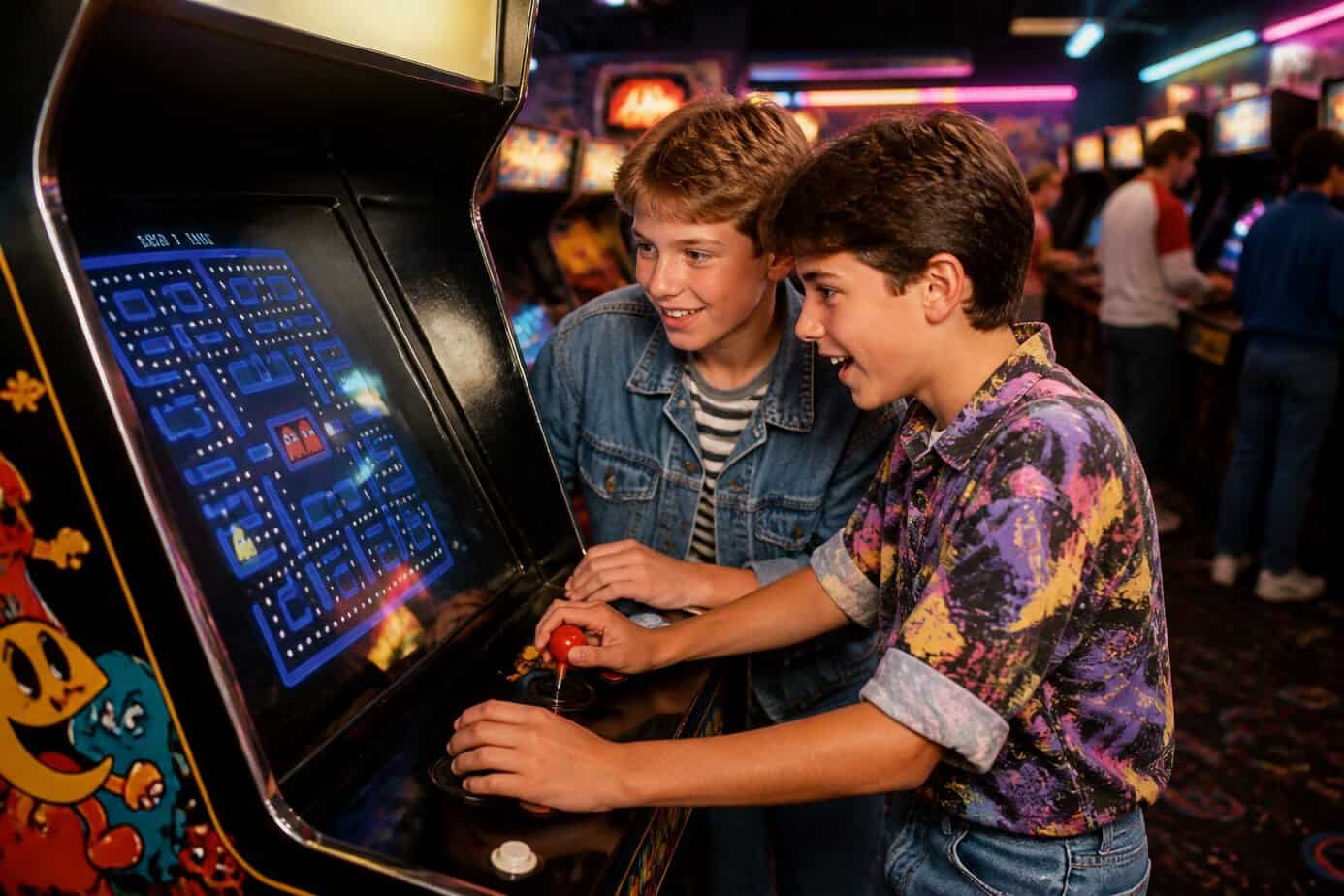 Two children playing and competing on a Pac-Man arcade machine inside a colorful 1980s arcade.