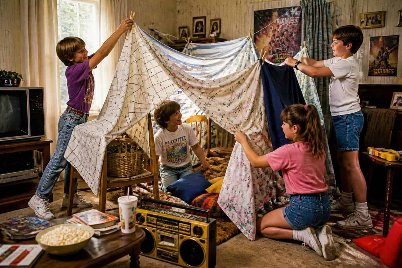 Children building a fort indoors using sheets and clotheslines in a cozy living room.