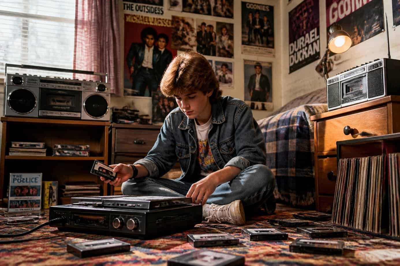 A teenager sitting on the floor in a bedroom surrounded by cassette tapes and a vintage cassette player, making a mixtape.