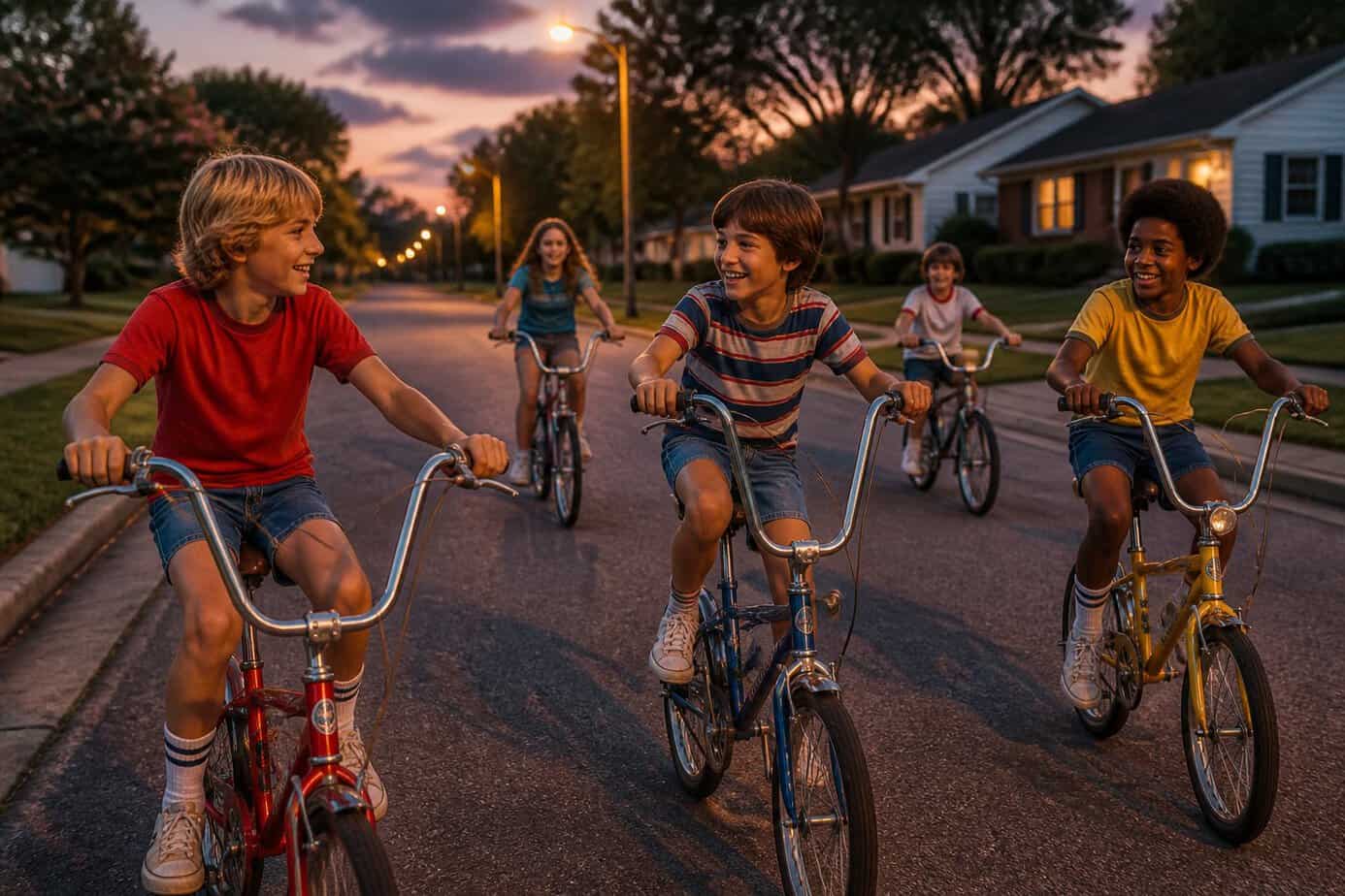 Children riding bicycles on a suburban street at dusk with streetlights turning on.