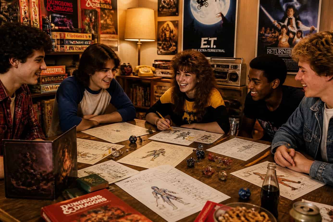 A group of young people playing a tabletop role-playing game with hand-drawn character sheets and dice on a wooden table in a cozy room.