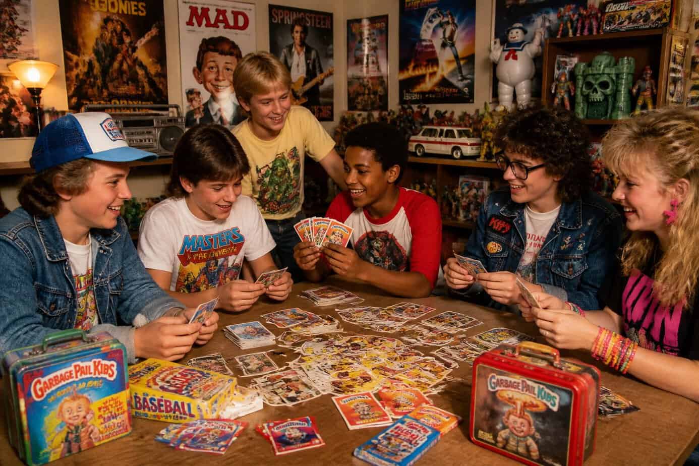 Children and teenagers in 1980s clothing sitting around a table trading baseball cards and Garbage Pail Kids cards in a room filled with vintage toys and posters.