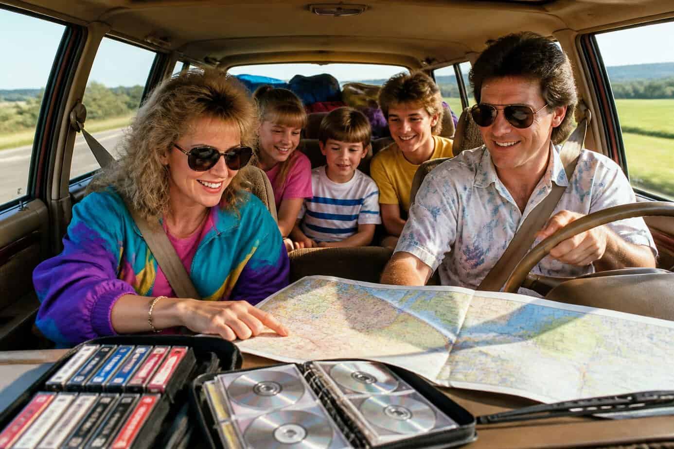 A family inside a vintage car on a road trip, looking at a map with cassette and CD wallets visible, surrounded by countryside scenery.