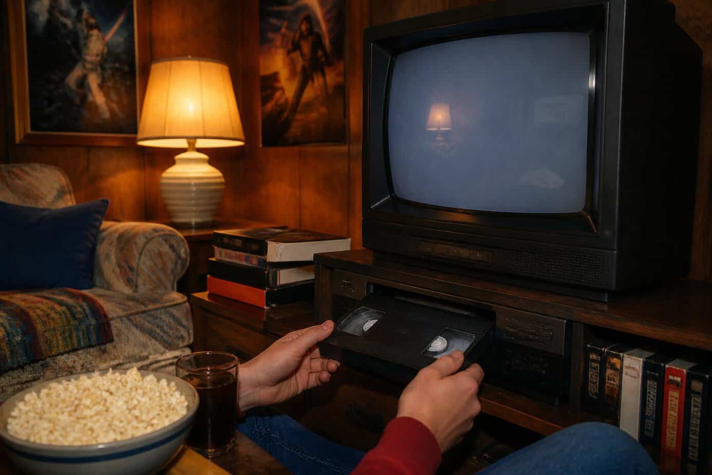 Hands inserting a VHS tape into a VCR in a cozy 1980s living room with vintage decor and a TV nearby.