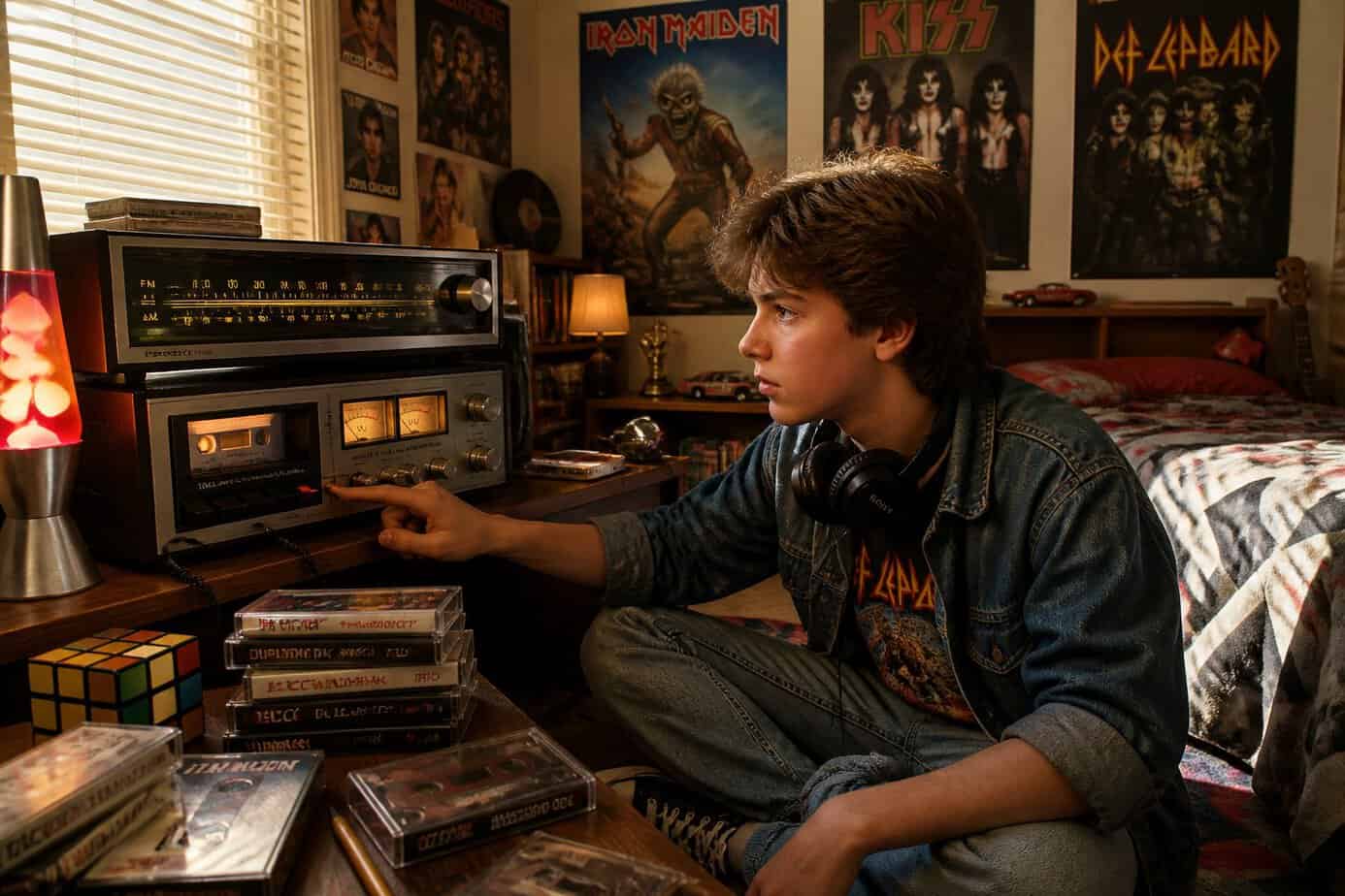 A teenager in a 1980s bedroom waits to record a song on a cassette player connected to a vintage radio.