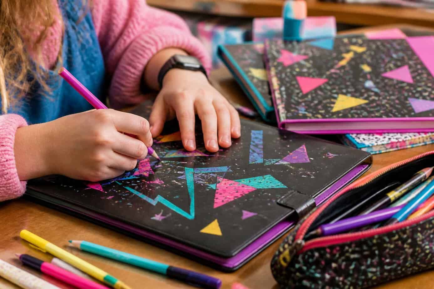Close-up of hands drawing colorful designs on vintage school folders and a pencil case on a desk with scattered art supplies.