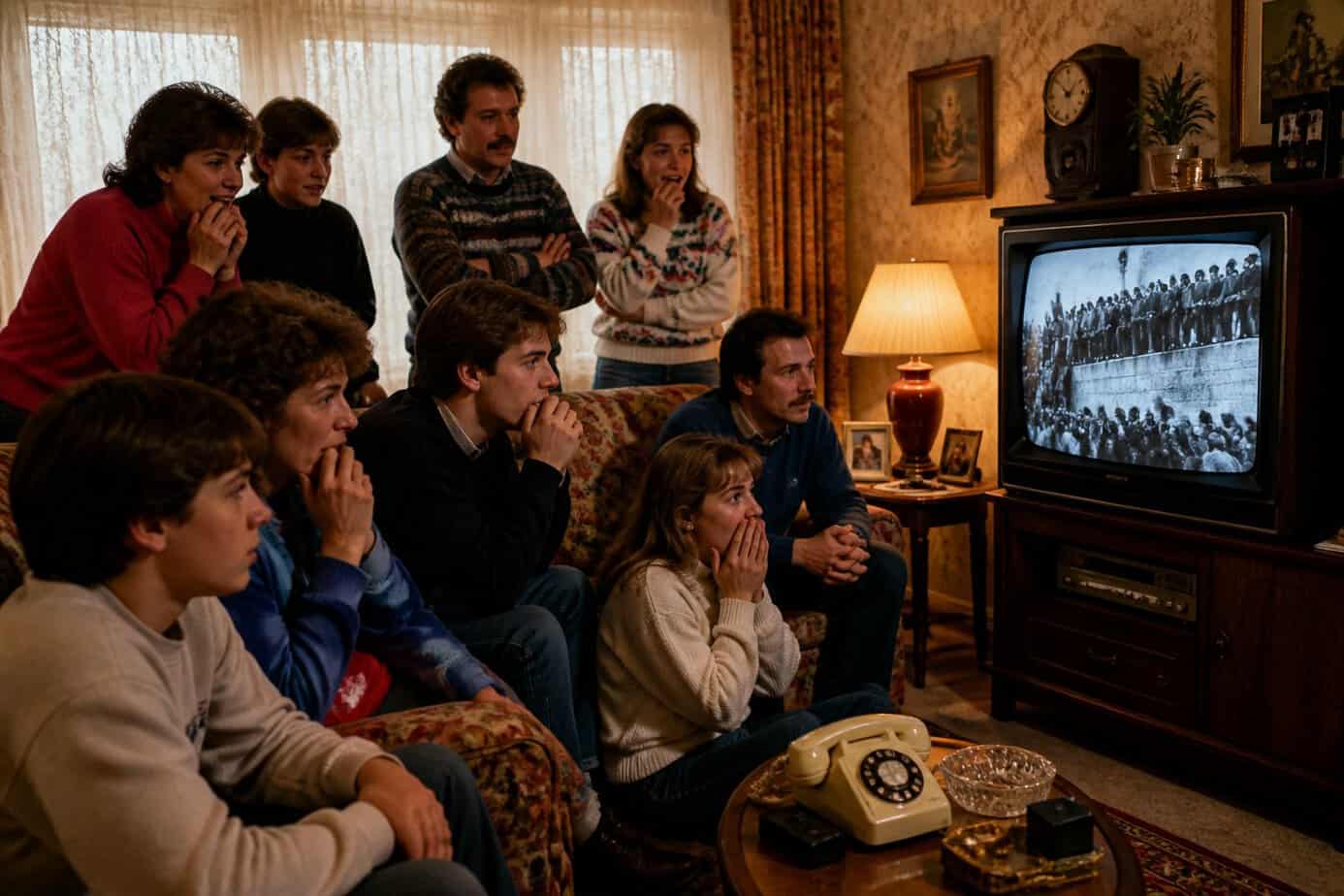 A group of people in a 1980s living room watching live news about the fall of the Berlin Wall on a vintage television.