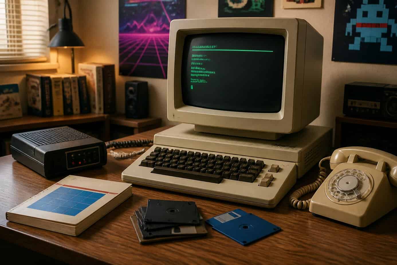 A vintage 1980s home office with an old computer, dial-up modem, floppy disks, and a rotary phone on a wooden desk.