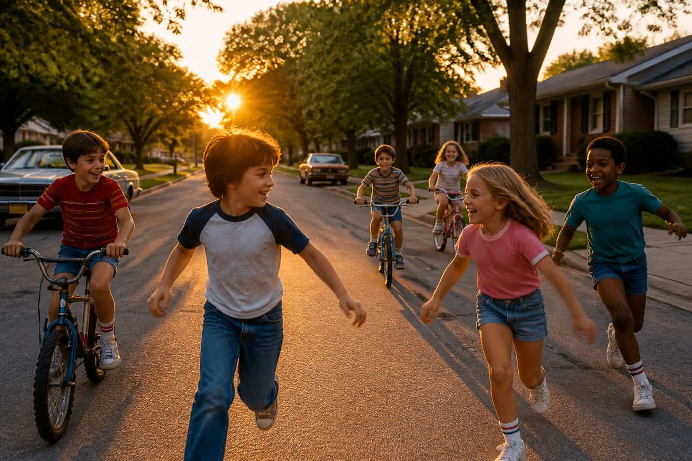 Children playing and laughing together outside in a suburban neighborhood at sunset.