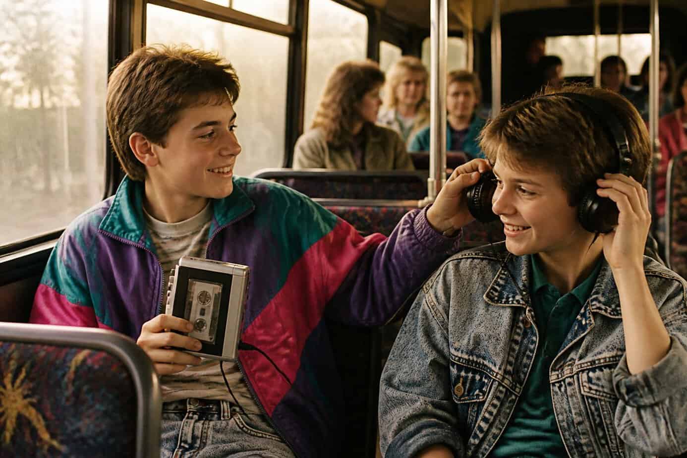Two children on a bus swapping headphones while holding a Sony Walkman cassette player.
