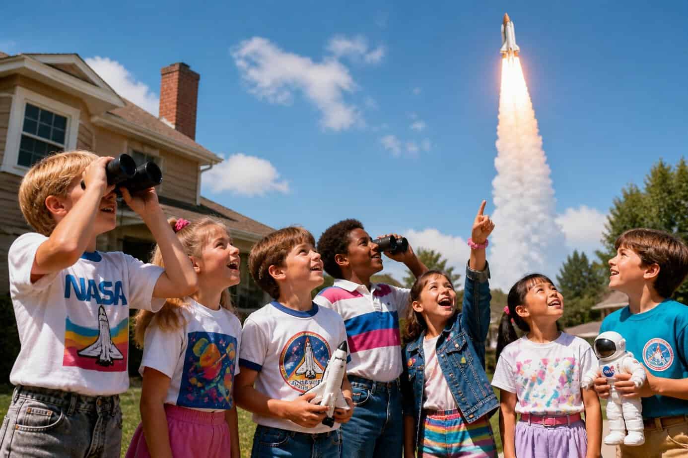 Children in 1980s clothing watching a space shuttle launch in the sky from a backyard.