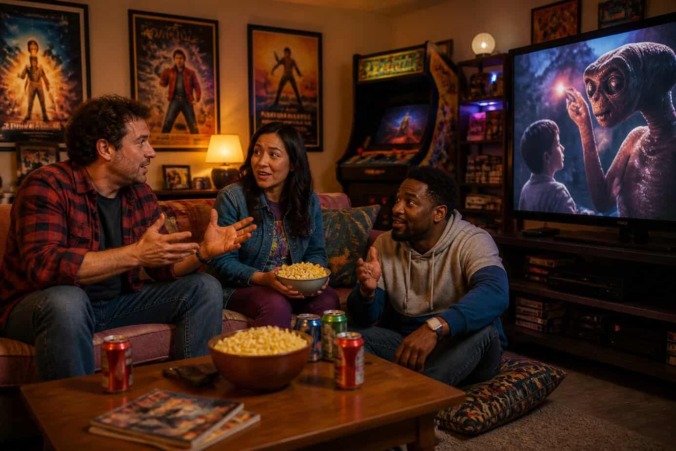 Three friends sitting in a cozy living room watching a movie and discussing special effects.